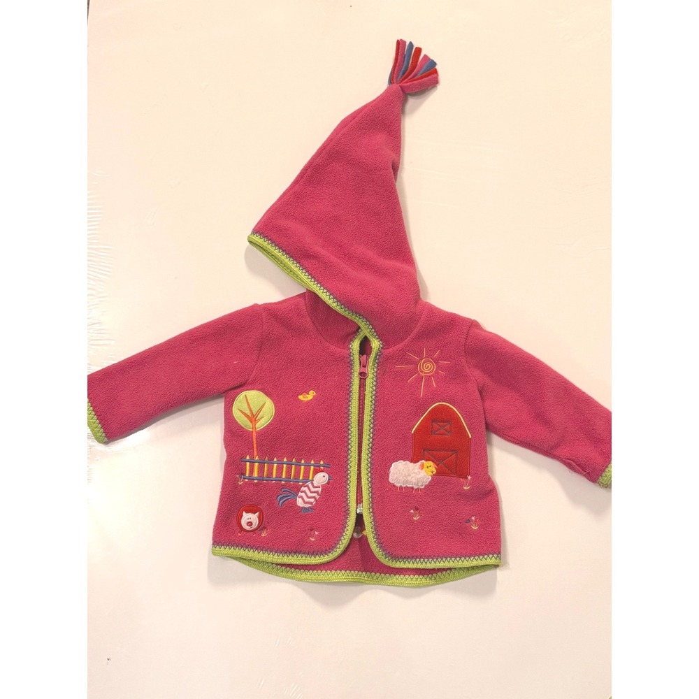 Hanna Andersson Pink Fleece Pixie Hood Farm Embroidery Zip Jacket 60cm